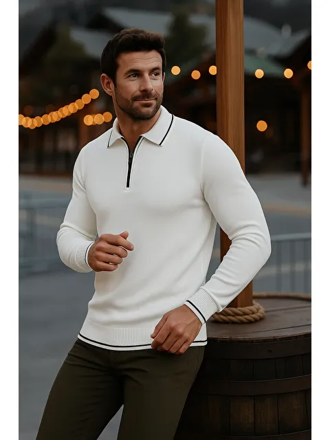 Comstar Erkek Günlük Uzun Kollu Beyaz Polo Yaka Kazak