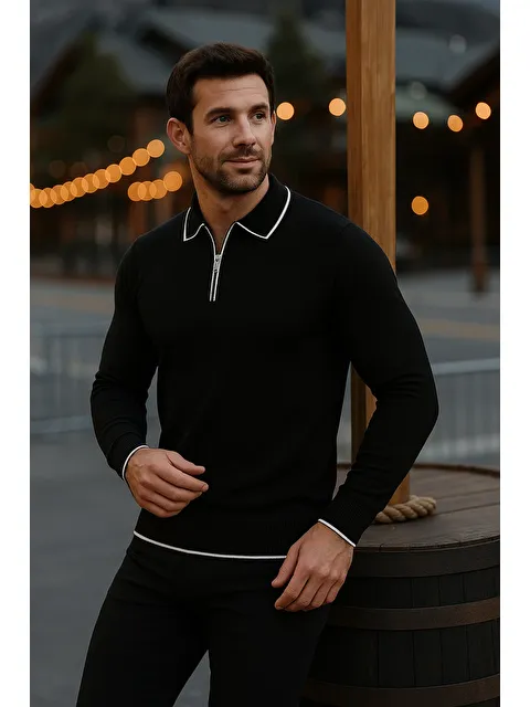 Comstar Erkek Günlük Uzun Kollu Siyah Polo Yaka Kazak