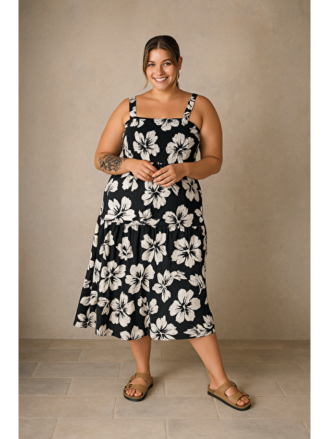Stil Diva Büyük Beden Çiçek Desenli Kalın Askılı Beli Lastikli Elbise T-79 - S000425603-37424