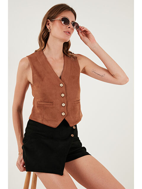 Lela Fitted V Yaka Düğmeli Crop Scuba Süet Kadın Yelek 5865576 - S000111737-18657