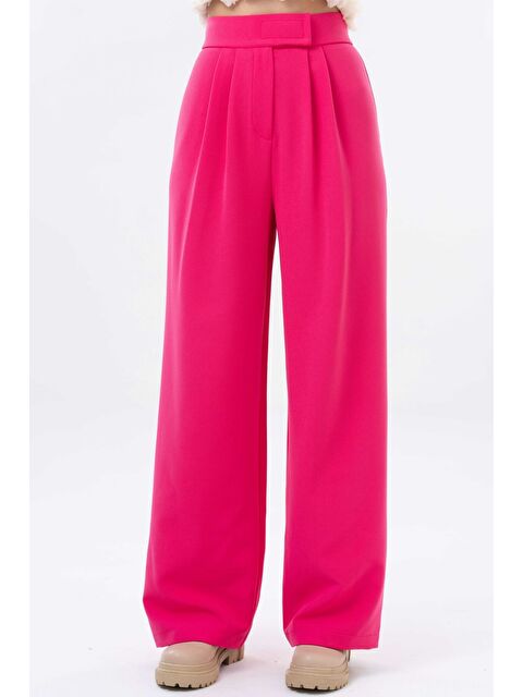 Saade Fuşya Yüksek Bel Cırtlı Kapama Çift Pile Dokuma Palazzo Pantolon