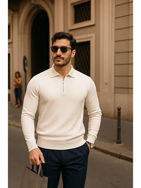 Comstar Erkek Fermuarlı Krem Uzun Kollu Polo Yaka Triko Kazak