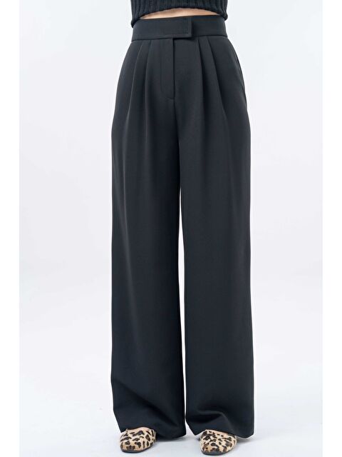 Saade Siyah Yüksek Bel Cırtlı Kapama Çift Pile Dokuma Palazzo Pantolon