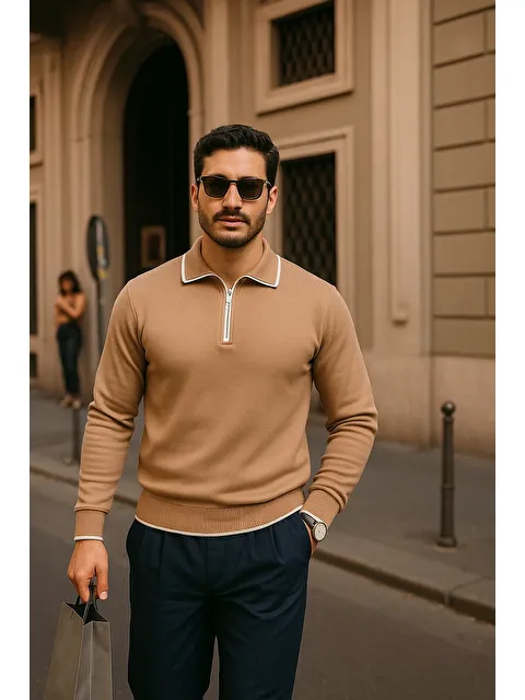 Comstar Erkek Fermuarlı Camel Uzun Kollu Polo Yaka Triko Kazak