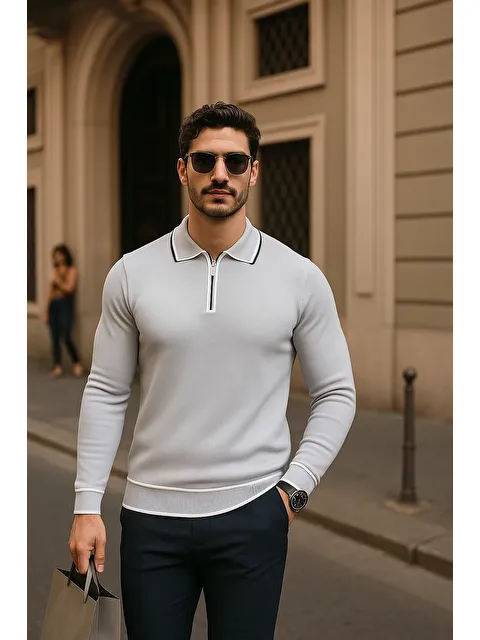 Comstar Erkek Fermuarlı Gri Uzun Kollu Polo Yaka Triko Kazak