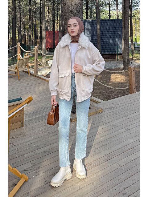 Lamelif Kürk Yaka Cepli Mont Bej - S000518102-19928