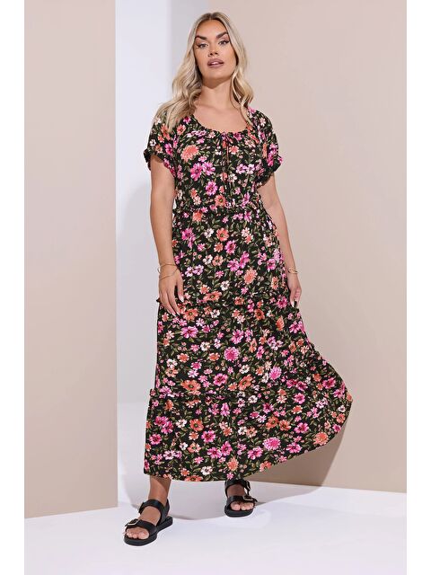 Stil Diva Büyük Beden Kısa Kollu Çiçek Desenli Yakası Büzgülü Maxi Elbise 270237 - S000425606-23173