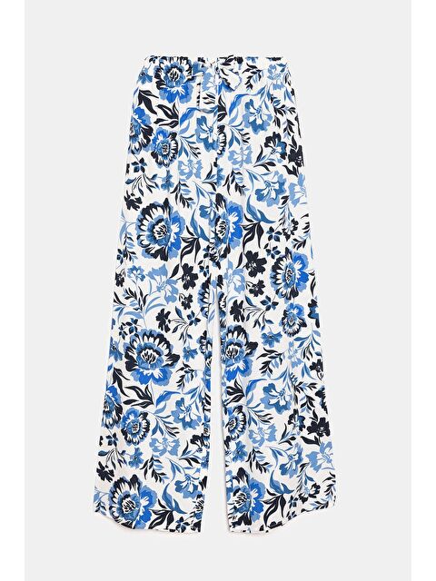Saade Mavi Çiçekli Kadın Desenli Beli Lastikli Bağlamalı Bol Paça Dokuma Pantolon - Viskon