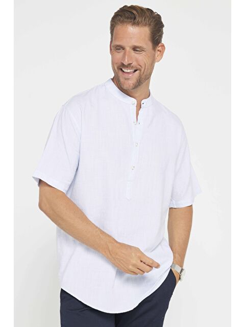 TUDORS Relax Fit Kısa Kollu Rahat Kesim Armürlü Hakim Yaka Yarım Patlı Yazlık Mavi Erkek Gömlek