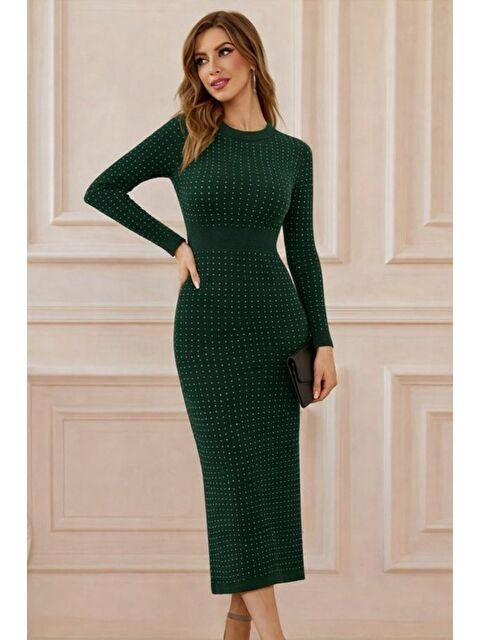 Jane's Kadın Uzun Kollu Bisiklet Yaka Taşlı Midi Kadife Elbise - S000529036-18194