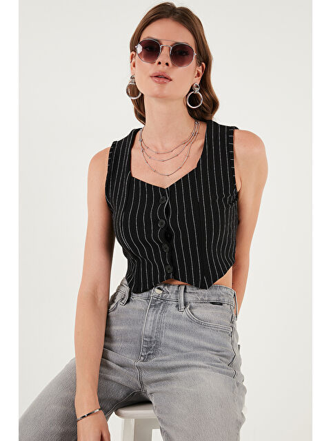 Lela Slim Fit Kalp Yaka Düğmeli Kalın Askılı Kadın Crop Yelek 5865497 - S000427991-37246