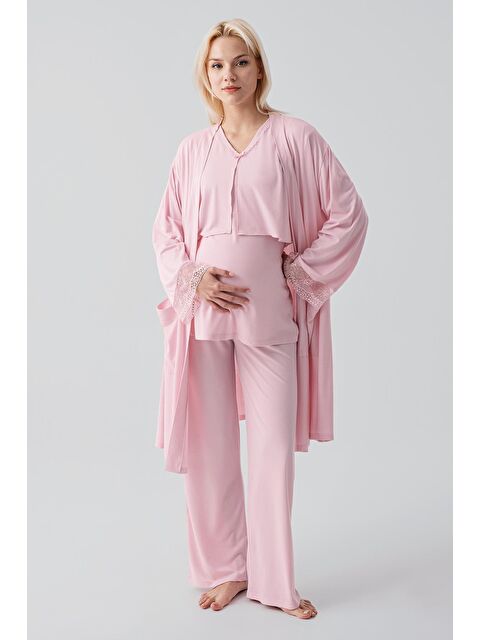 Artış Truvakar Kollu Dantelli Düğmeli Esnek Viskoz Hamile Sabahlık Pijama Takım 19301 - S000516962-7152
