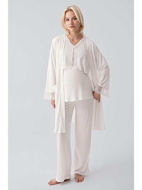 Artış Truvakar Kollu Dantelli Düğmeli Esnek Viskoz Hamile Sabahlık Pijama Takım 19301 - S000516962-19965