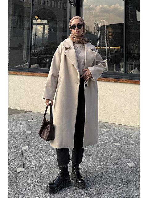 Lamelif Tek Düğmeli Kaşe Kaban Krem