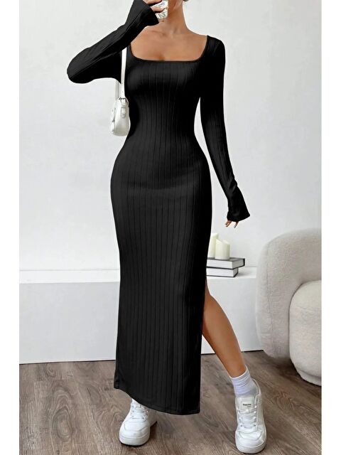 Jane's Kadın Trend U Yaka Yırtmaçlı Uzun Kol Kalın Fitili Elbise - S000529041-19351