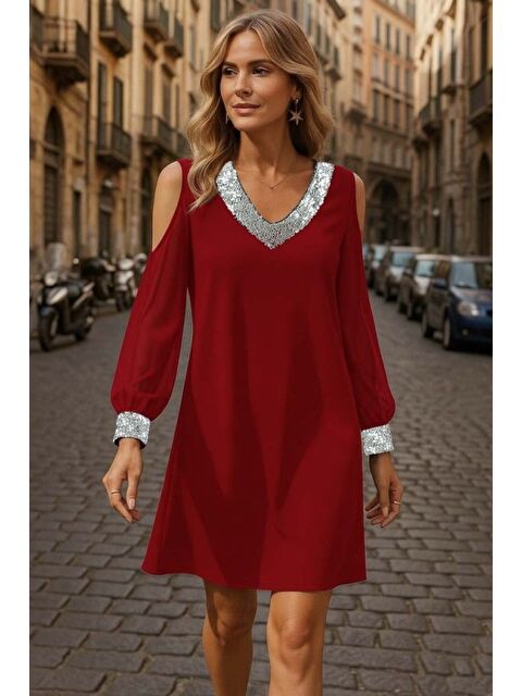 Jane's Kadın Uzun Kollu Kollar Tül V Yakalı Mini Janjan Krep Elbise - S000528710-20045