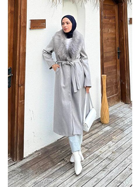 Lamelif Kürk Yakalı Kaban Gri - S000518106-20600