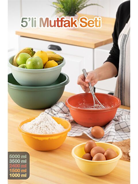 Meleni Home 5 Parça Yuvarlak Karıştırma Kase Seti Çok Amaçlı Renkli 5 Farklı Boy Badya Saklama Kabı - S000385402-23173