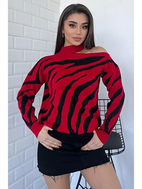 Gülseli Kadın Omuz Dekolteli Zebra Desenli Triko Bluz - S000300615-19951