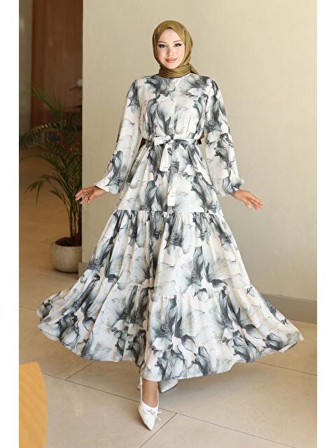 Bigdart Kadın Desenli Uzun Tesettür Elbise 2586 - Haki - S000491203-18547