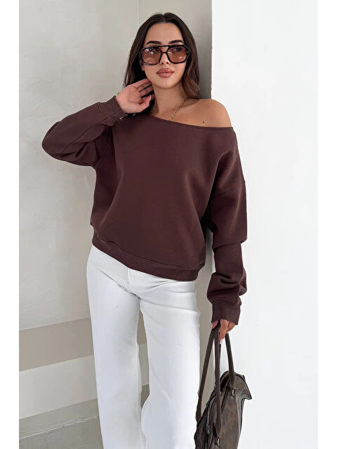 carla10 Kayık Yaka Polar Sweatshirt Kahve - S000492596-19413