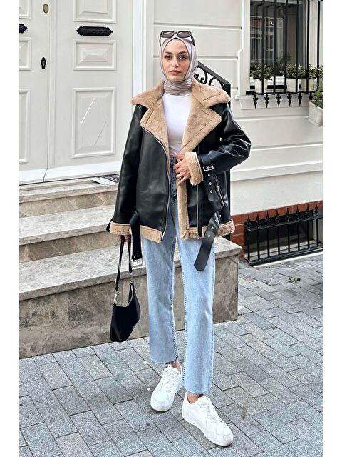 Lamelif Süet Düğmeli Mont Siyah Kahverengi