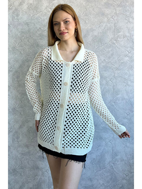 Gülseli Kadın Delikli Mevsimlik Triko Hırka - S000300462-19966