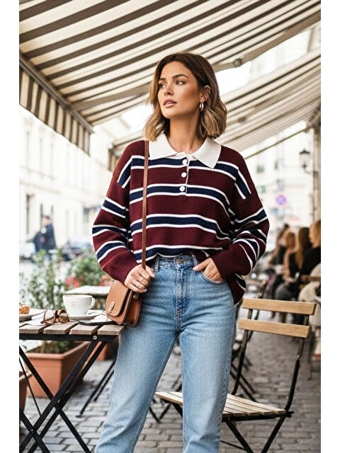 Tarz Cool Bordo Premium/Özel İplik Polo Yaka Triko Kazak - S000492599-19951