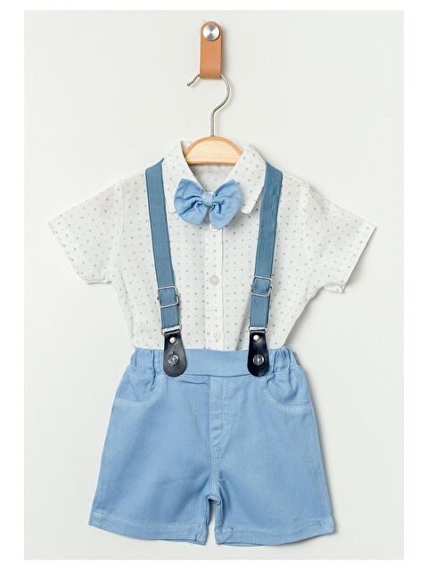 Kidex's Tarz Desenli Gömlek Belden Ayarlanabilir Salopetli Kısa Kollu Şortlu 2'li Takım