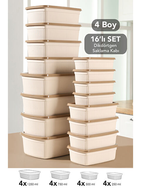 Meleni Home 16'lı Çizgili Dikdörtgen Gıda Saklama Kabı Seti
