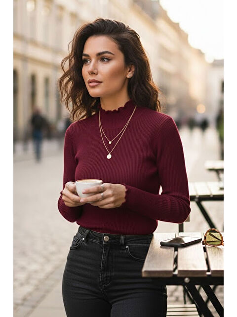 Tarz Cool Kadın Bordo Yarım Balıkçı Detaylı Triko Kazak - S000492601-19951
