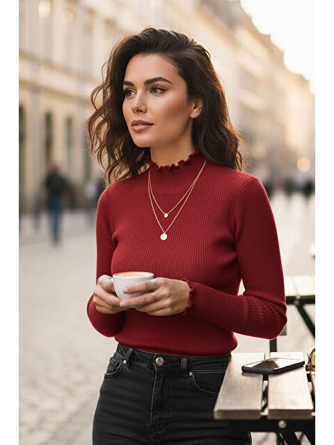 Tarz Cool Kadın Açık Bordo Yarım Balıkçı Detaylı Triko Kazak - S000492601-20624