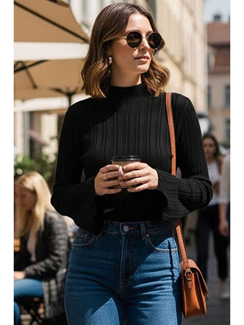 Tarz Cool Kadın Siyah İspanyol Kol Yarım Balıkçı Detaylı Triko Kazak - S000492600-19351