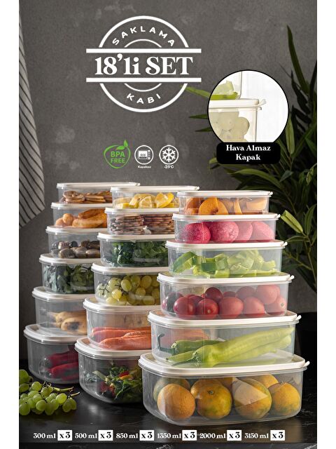 Meleni Home 18'li Sweet Box Saklama Kabı Seti Dikdörtgen Erzak Kabı Bej 3x(300-500-850-1350-2000-3150 ml) - S000108741-29666