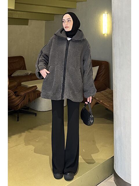 Lamelif Biye Detaylı Tedy Pelüş Mont Antrasit - S000518092-29666