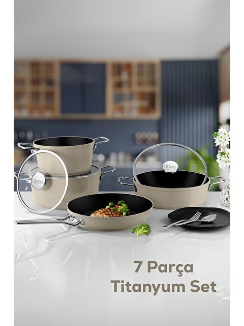 Lines Rozella 7 Parça Titanyum Tencere Seti - Krem - S000320913-37513