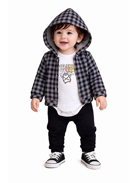 Kidex's Erkek Bebek Kapüşonlu Kareli Gömlek Ceket Baskılı Tişörtlü zıbın Eşofman Altlı 3lü Takım