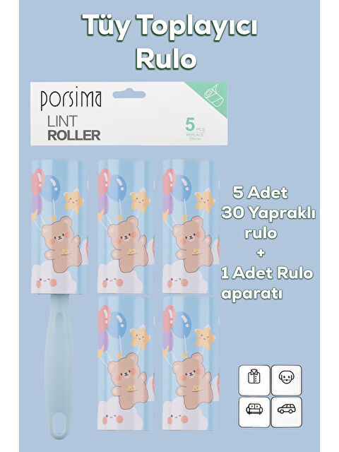 Porsima 3105 Kedi Köpek Tüy Toplayıcı Rulo + 4 Adet Yedek Rulo Mavi - S000385004-17437