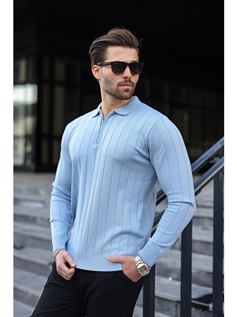 Madmext Mavi Polo Yaka Fermuarlı Örme Kazak - S000244242-17234