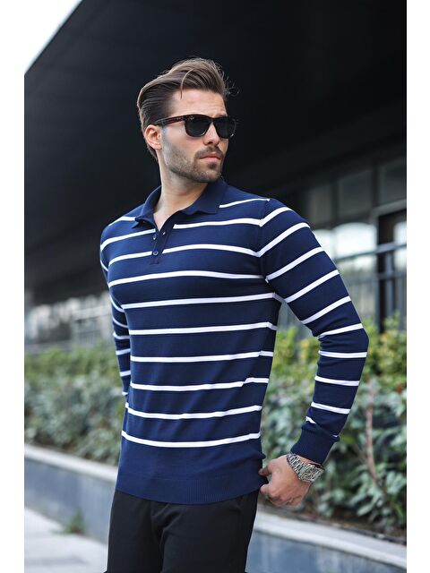 Madmext Lacivert Düğmeli Polo Yaka Çizgili Uzun Kollu Kazak 7263 - S000286964-21164