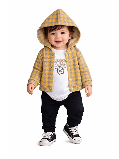 Kidex's Erkek Bebek Kapüşonlu Kareli Gömlek Ceket Baskılı Tişörtlü zıbın Eşofman Altlı 3lü Takım