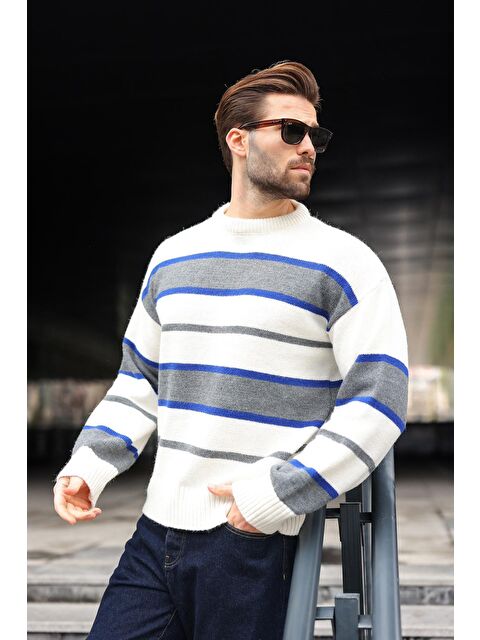 Madmext Kemik Rengi Çizgili Bisiklet Yaka Triko Erkek Kazak E7455 - S000482620-16277