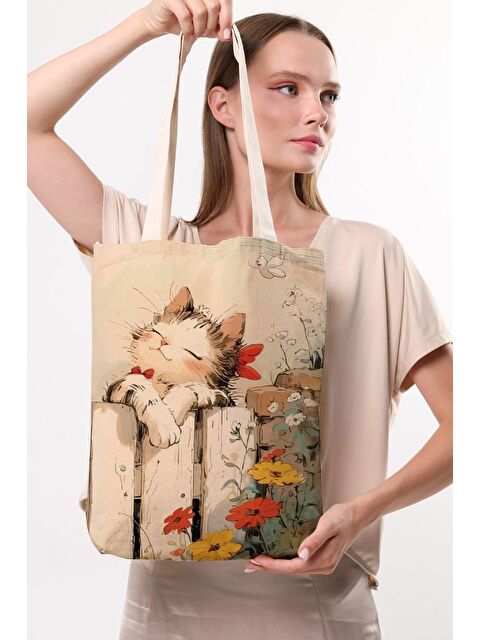 Bagg Kanvas Huzurlu Kedi Baskılı Bez Çanta - S000388858-19966