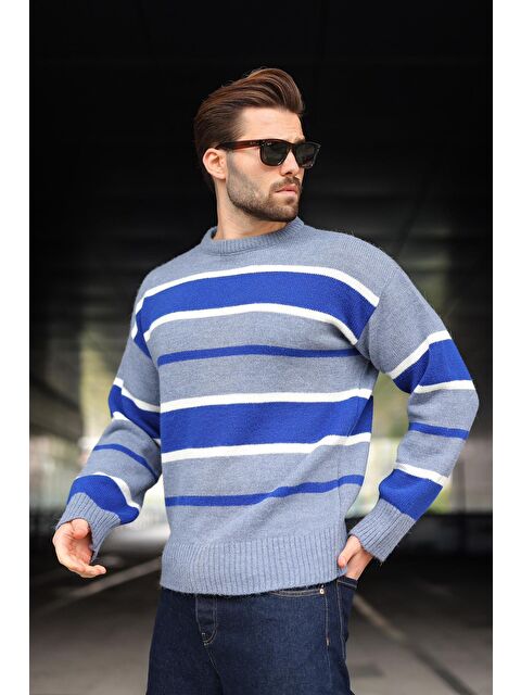 Madmext İndigo Çizgili Bisiklet Yaka Triko Erkek Kazak E7455 - S000482620-23093