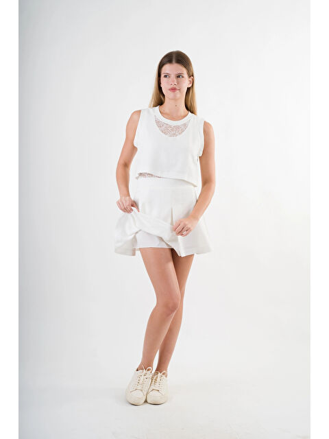 Hazelin Kadın Beyaz Dantel Desenli Bisiklet Yaka Kolsuz Astarlı Elbise HZL24S-YY10021 - S000443052-20063