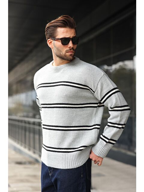 Madmext Gri Çizgili Bisiklet Yaka Triko Erkek Kazak E7457 - S000482621-20600