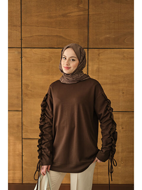 Locco Moda Kadın Kolları Büzgü Detay Tunik Kahverengi - S000492481-19413