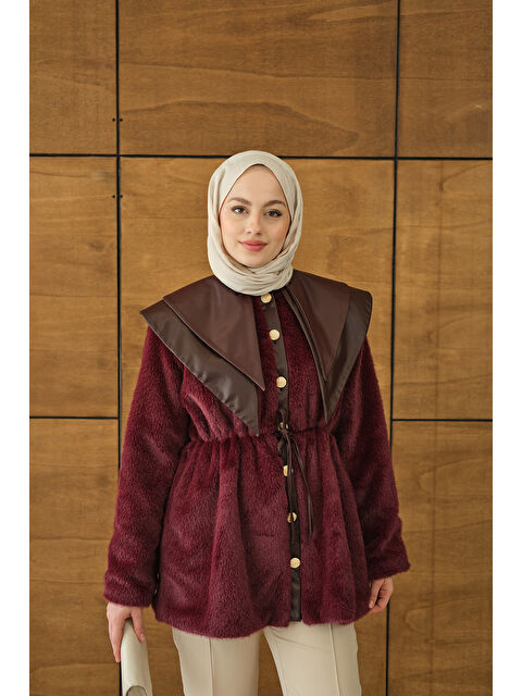 Locco Moda Kadın Çift Deri Yaka Pelüş Ceket Bordo - S000492606-19951