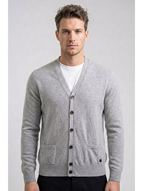 Sabri Özel Giotelli Gri Regular Fit Yün Karışımlı V Yaka Düğmeli Erkek Triko Hırka - S000524268-20600