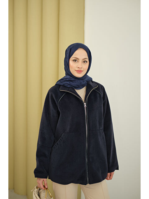 Locco Moda Kadın Gizli Fermuar Detay Deri Şeritli Ceket Lacivert - S000492550-21164